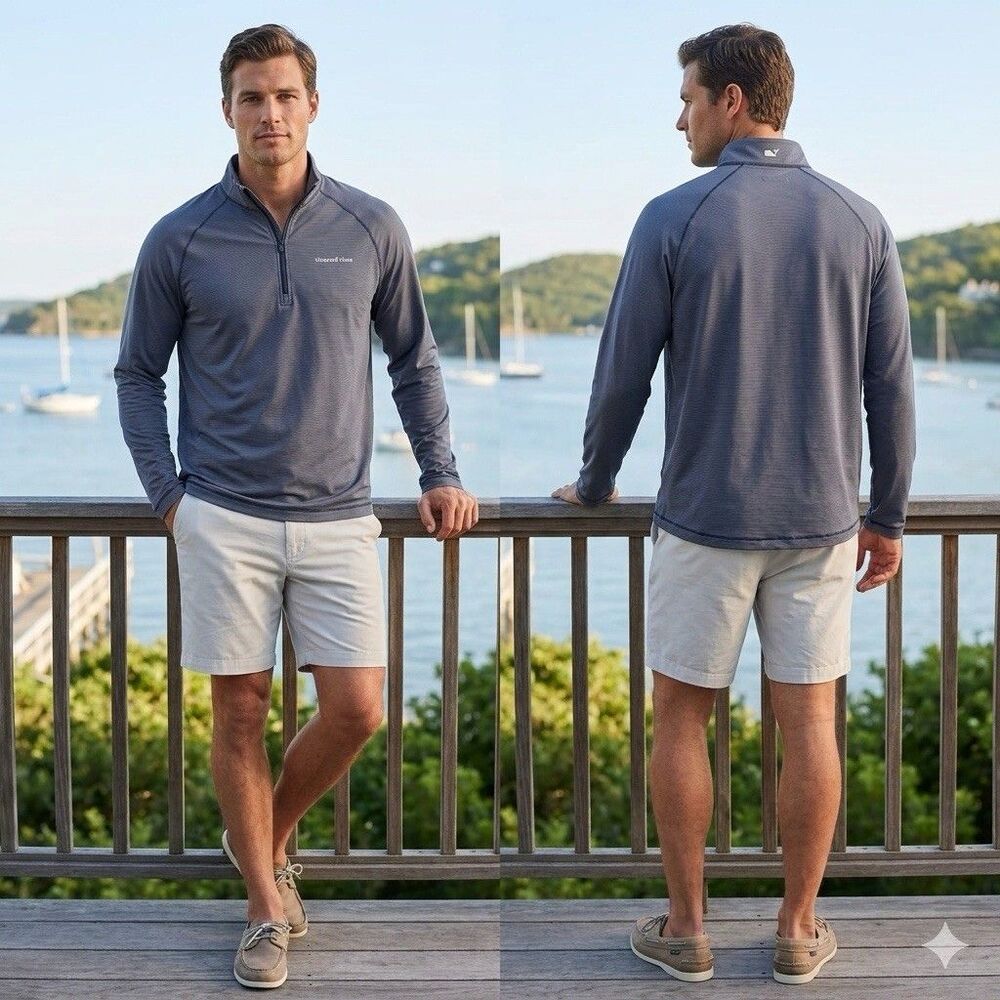Vineyard Vines Men XL NWT Blue Depth Perf 1/2 Zip Micro Stripe Pullover